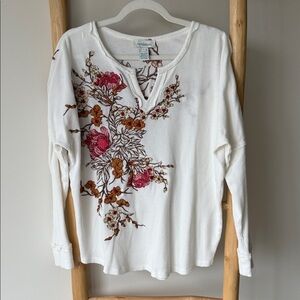 Sundance Waffle Weave Embroidered Floral Ivory Long Sleeve Thermal Boho Top S
